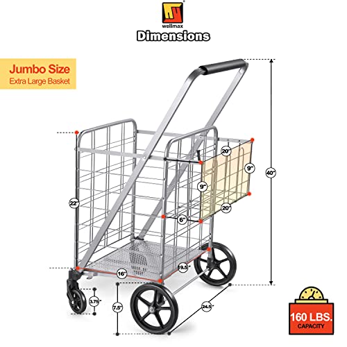 Wellmax Folding Grocery Cart with Wheels, Heavy Duty Metal Utility Cart with Mesh Bottom, Extra Rear Basket, 160 lb Capacity, Dual Swivel Wheels, Foldable Trolley for Groceries & Laundry - size: Jumbo