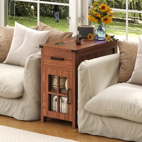 VVFLU Farmhouse End Table with Charging Station and 1 Storage Cabinet, 1 Drawer, Cherry Wood Nightstand Narrow, Skinny Side Table, Slim Bedside Table, Small Nightstand for Bedroom, Living Room, Sofa - color: Cherry/Glass
