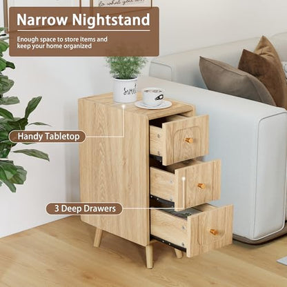 Small Nightstand Set of 2, Narrow Nightstand Slim Couch Side Table with Drawers, Wood End Tables with Storage for Living Room, Bedroom, Small Spaces (Natural-2pcs) - color: 3drawers-natural-2pcs