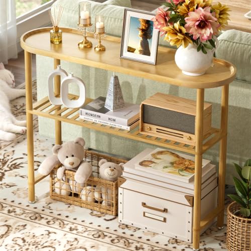 Narrow Console Table Bamboo 39.4", Modern Entryway Table for Hallway Oval Top, Sofa Console Table with Anti-Fall Edge, TV Stand for Living Room, Indoor Outdoor Plant Stand, 5min Easy Assembly - color: Natural, size: 39.4"L x 11.8"W x 29.7"H