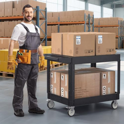 Large Garage Flat Top Utility Cart, Heavy Duty 2 Shelf Tool Cart Service Cart Rolling Push Carts with Ergonomic Handle 5" Swivel Casters - color: Black, size: 46 x 25 Inch
