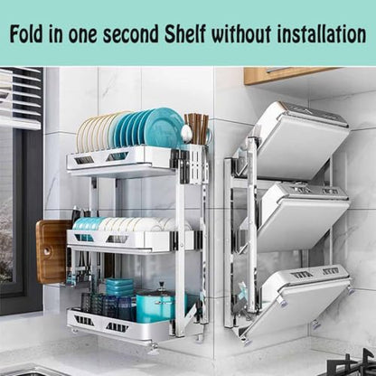 Foldable Dish Rack,Stainless Steel Drain Rack,9.83 * 16.54 * 24IN | 3 Tier Dish Drying Rack,Rustproof Dish Drainer for Kitchen Countertop with Drain Tray,Silver