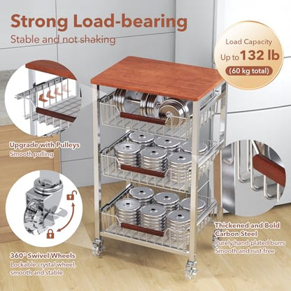 4-Tier Slim Rolling Fruit & Vegetable Storage Cart with Removable Baskets, Narrow Metal Kitchen Organizer Cart on Wheels, Fruit Basket Stand & Fruteros para Cocina, Pantry Cart for Storage - size: 4-Tier Slim