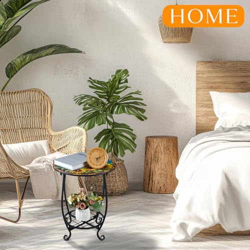 Cinnvoice Outdoor Side Table Round Small Mosaic Patio Accent Indoor End Plant Coffee Tea Table for Yard Patio Porch Garden Living Room, Bedroom(Sunflower Style,14 Inch) - size: 14 Inch, style: Sunflower Style