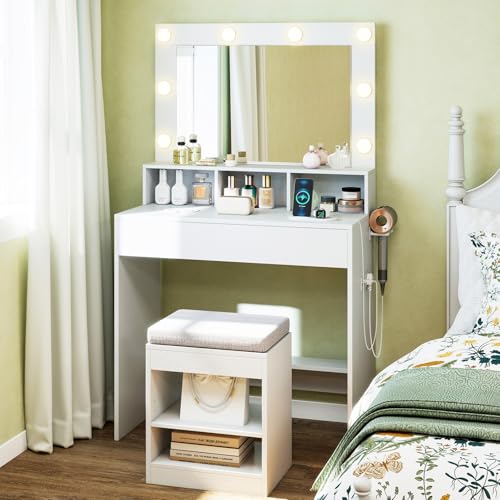 CHARMAID Vanity Desk with Mirror and Lights, White Makeup Vanity Set with Charging Station, Large Drawer & Shelves, Cushioned Stool with Storage, Modern Dressing Table for Bedroom Small Space - color: White, size: 31.5"W (With Stool)