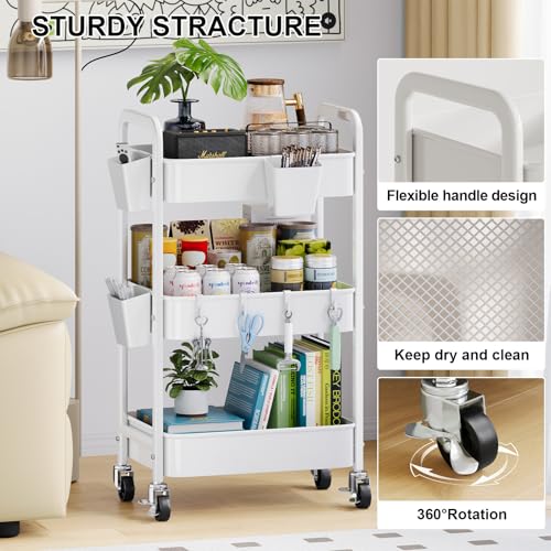3 Tier Rolling Cart with Wheels, Metal Utility Storage Cart on Wheels, Craft Carts Organizer with Hanging Cups, Hooks, Three Tiered Rolling Carts for Bathroom, Laundry Room, Nursery, Office, White - color: White