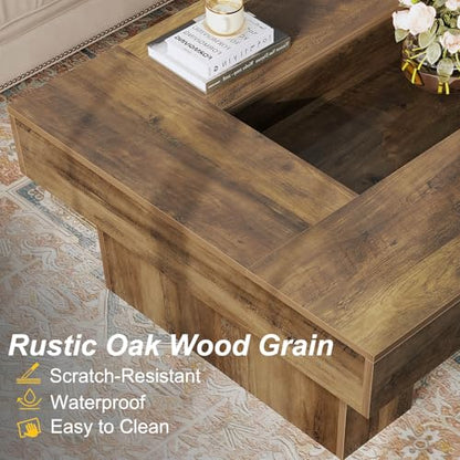 LVB Coffee Table, Modern Wood Led Living Room Table with Storage, Farmhouse Large Rectangle Center Table with LED Light, Unique Wide Low Tea Table for Living Room Home Office, 47.24 in, Rustic Oak - color: Rustic Oak