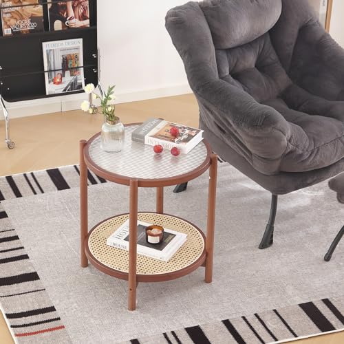 Tiita Rattan Nightstand Side Table, Bamboo Accent Bedside Tables, Glass Coffee Tables, Boho Wooden End Table with Storage for Small Space, Living Room and Bedroom - color: Round Table-s-brown