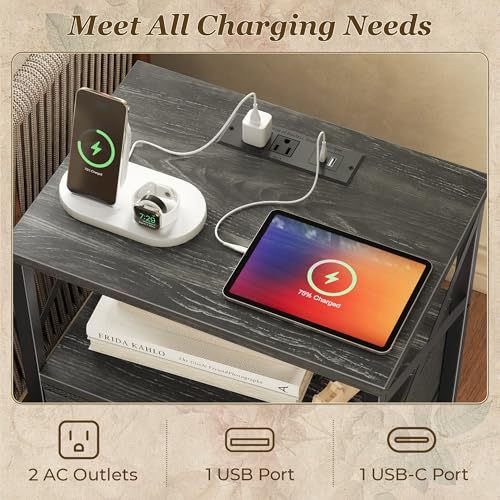 Huuger Nightstands Set of 2, Night Stand with Charger Station, 2 Drawer Side Table with Open Shelf, USB-C Port, End Table for Small Spaces, X Shaped Side Rail, Charcoal Black - color: Charcoal Black Wood Grain Print