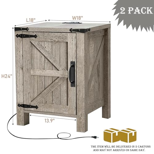 OKD 18" Farmhouse End Table Set of 2, Light Rustic Oak | Rustic Nightstand, Charging Station, Barn Door, Adjustable Storage Shelf, Wood Sofa Side Table, Living Room, Bedroom - color: Light Rustic Oak
