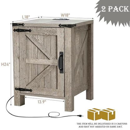 OKD 18" Farmhouse End Table Set of 2, Light Rustic Oak | Rustic Nightstand, Charging Station, Barn Door, Adjustable Storage Shelf, Wood Sofa Side Table, Living Room, Bedroom - color: Light Rustic Oak