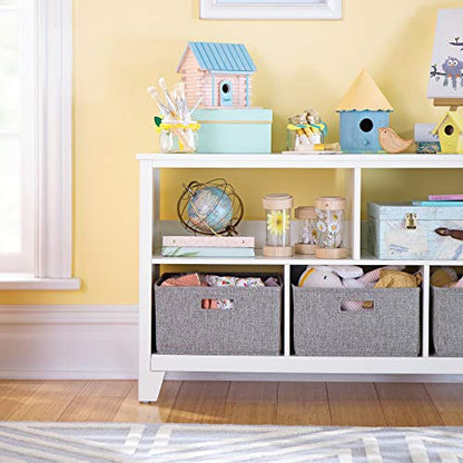 Martha Stewart Kids' Low Bookcase - Linen White: 24 Inch Wooden Storage Organizer Cubby with Fabric Bins for Playroom and Bedroom - color: Linen White