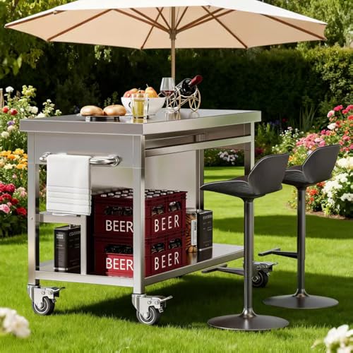 KINGBO 50" Stainless Steel Kitchen Island with Storage, Rolling Kitchen Island Table with 2 Drawers on Wheels, Portable Island Cart for Kitchen, Outdoor, Restaurant, Cafe