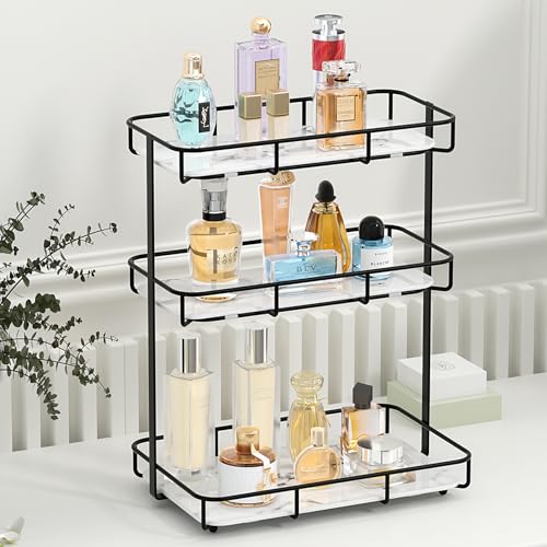 Bathroom Organizer Countertop Perfume Organizer Makeup Organizer Cosmetics Storage Display Rack Vanity Tray Dresser Stainless Steel Gold Shelf White Marble Ceramic Tray - color: 3 Tier L-black
