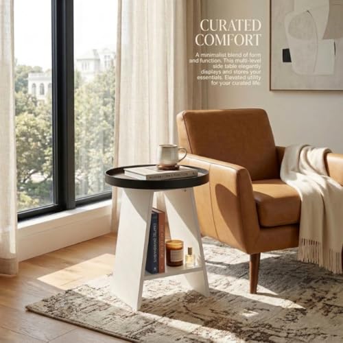 Round End Table with 17.7 inch Tray Top, 2-Tier Round Side Table with Storage Shelf, Modern Farmhouse Industrial Wood Nightstand for Living Room, Bedroom, Small Spaces (White) - color: White