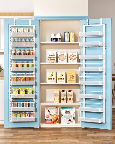 8 Tiers Over the Door Organizer - Height Adjustable Pantry Organizers and Storage with Dense Mesh Baskets, Anti-Swing Hanging Door Spice Rack for Kitchen Bathroom (White, 12.3"W x 4.7"D x 69"H) - color: White, size: 12.3" W x 4.7" D x 69" H
