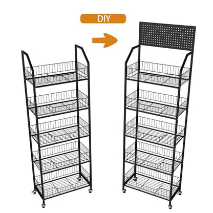 5 Tier Retail Storage Rack, Snack Rack Display Stand, Retail Display Organizer Shelves with Hooks & Wheels, Metal Snack Shelf for Store Home Kitchen, Black Chip Rack Display Stand (5 Tier) - size: 5 Tier（19.7inch）
