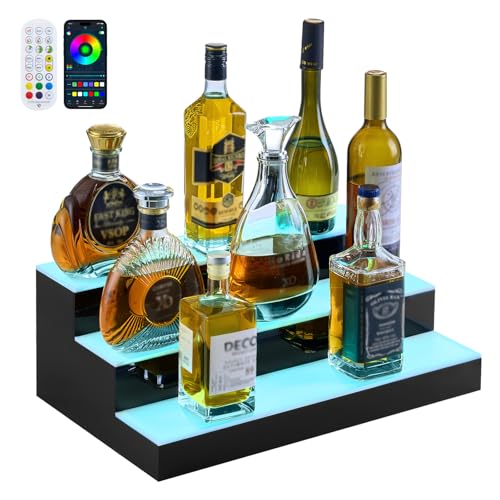 VEVOR LED Lighted Liquor Bottle Display, 3 Tiers 20 Inches Whiskey Rack, Supports USB, Illuminated Home Bar Shelf with RF Remote & App Control, 9 Static Colors, Acrylic Lighted Shelf for 15 Bottles - size: 3 Step 20 Inches