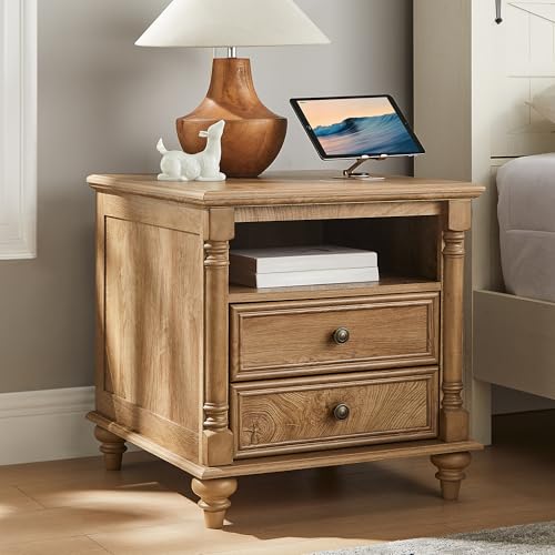 T4TREAM 24" Farmhouse Nightstands with 2 Drawers, Light Tree Knot | 4 Solid Wood Feet, Charging Station, Tall Rustic Wood Square, Sofa Side Table, Living Room, Bedroom - color: Light Tree Knot