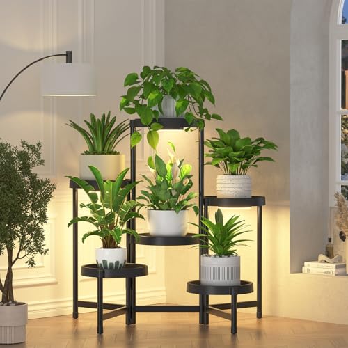 iDavosic.ly 6 Tier Folding Plant Stand Indoor Outdoor with Grow Light, Tiered Corner Flower Holder Shelf with Plastic Tray, Metal Orchid Display Rack for Patio Porch Living Room Garden Balcony, Black - color: Black with Light, size: 6 Tiers