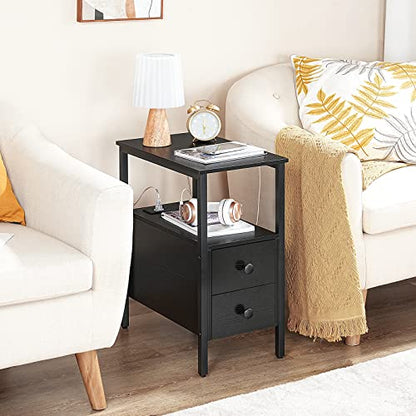 HOOBRO Set of 2 End Tables with Charging Station, Narrow Side Table with Drawers & USB Port & Power Outlets, Nightstand for Small Spaces, Living Room, Stable and Sturdy, Black BK541BZP201 - color: Black