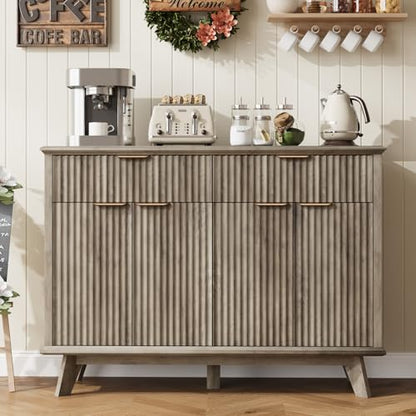 QUW Fluted Buffet Sideboard Cabinet with Storage, 47.2" Kitchen Cabinet with Drawers and Adjustable Shelves, Modern Coffee Bar with Charging Station, for Dining Room, Living Room, Grey