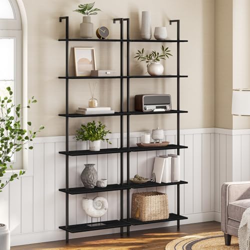 HOOBRO DIY Ladder Shelf, 6-Tier Wall Mounted Bookshelf, Office Vertical Bookcase, Wooden Storage Shelves for Home Office, Bedroom, Black BB65CJ01 - color: Black