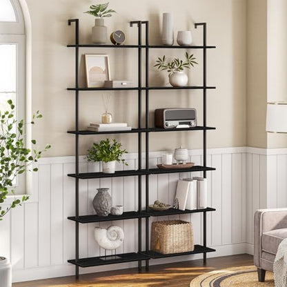 HOOBRO DIY Ladder Shelf, 6-Tier Wall Mounted Bookshelf, Office Vertical Bookcase, Wooden Storage Shelves for Home Office, Bedroom, Black BB65CJ01 - color: Black
