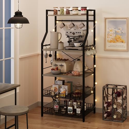 Patikuin 60cm Compact Kitchen Bakers Rack, 4-Tier Double-Frame Microwave Stand with Storage Shelves, Sturdy 20mm Square Tube & PB Board Construction, Black & Gray Freestanding Appliance Organizer
