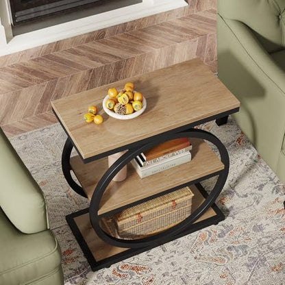 Tribesigns Side End Table with 3 Storage Shelves, Industrial Sofa Table with Round Metal Frame for Living Room, Engineered Wood Nightstand for Bedroom, Oak - color: Oak
