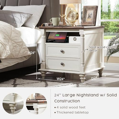 T4TREAM 24" Farmhouse Nightstands with 2 Drawers, Antique White | 4 Solid Wood Feet, Charging Station, Tall Rustic Wood Square, Sofa Side Table, Living Room, Bedroom - color: Antique White