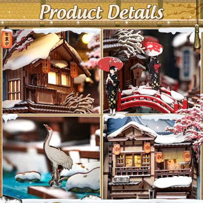 CUTEBEE Book Nook Kit - DIY Miniature House Dollhouse for Adults | Japanese Kyoto Winter Street Scene, Bookshelf Decor 3D Wooden Puzzle Model Kit, Diorama Bookish Gifts (Kyoto Snow Scene)