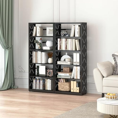 Polup Bookshelf, 5 Tier Metal Bookcase with Adjustable Shelves, Tall White Book Shelf with Bookends, Black Display Shelves for Living Room, Home Office, Library - color: Black, size: 5 Tier-23" W
