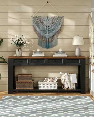 FUSOU 63 Inch Console Table, Sofa Table Behind Couch, Entryway Table with 4 Drawers & Open Shelf, Farmhouse Sofa Table for Living Room (Black) - color: Black