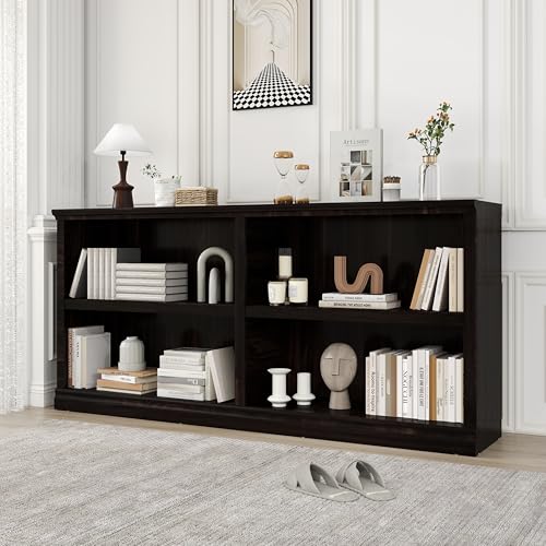 64" W Double Wide Horizontal Bookshelf, 2 Tiers 4 Storage Cube Book Case | Open Shelf Bookcase, Display Cabinet Organizer Indoor Furniture, Home Library Office, Dark Cherry, Adjustable Shelf - color: Dark Cherry, size: Double 2-tier 4-cube