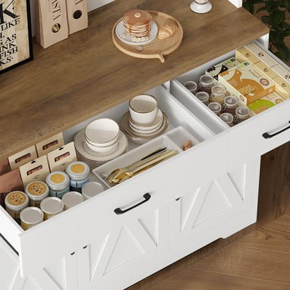 HOSTACK 71" Pantry Cabinet with Charging Station, Tall Kitchen Pantry Storage Cabinet with Microwave Stand, Farmhouse Kitchen Hutch with Storage Drawers for Living Room, Dining Room, White - color: White/Rustic Brown