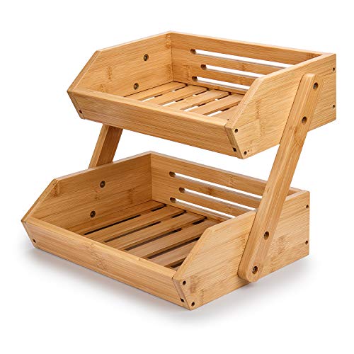 G.a HOMEFAVOR Large Bamboo Fruit Basket, 2-Tier Fruit Bowl for Kitchen Counter, Vegetable Storage Stand for Fruit Shop, 15 mm Thickness (Self-assembly) - color: Bamboo, size: 2-Tier