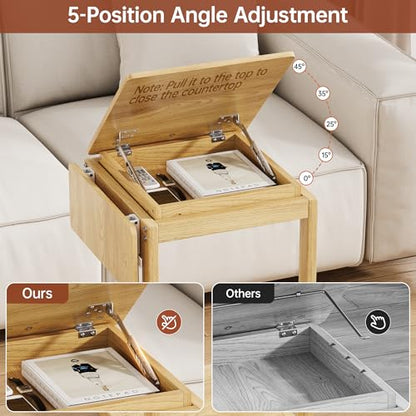 OtterOasis C Shaped End Table for Couch Rolling Side with Wheels Oak | Wood, Desk Tv Tables, with Folding Desktop, Lockable Wheel, with Hidden Storage, for Living Room, Bedroom - color: Oak