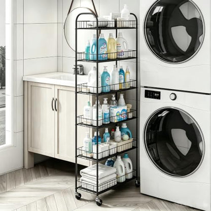 Slim Rolling Storage Cart with Wheels,10in 6 Tier Black | Narrow Space Rolling Shelving Unit , Metal Wire Mobile Organizer Rack for Kitchen Bathroom Office Laundry - size: 10in Black Cart
