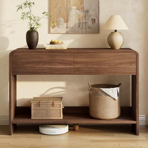 AMERLIFE 45" Modern Entryway Console Table with 2 Storage Drawers | Open Bottom Shelf, Wood Grain Finish, Rounded Edges, Long Sofa Table, Behind Couch, Hallway, Foyer, Living Room, Brown - color: Brown - Flat Panel, size: 45"