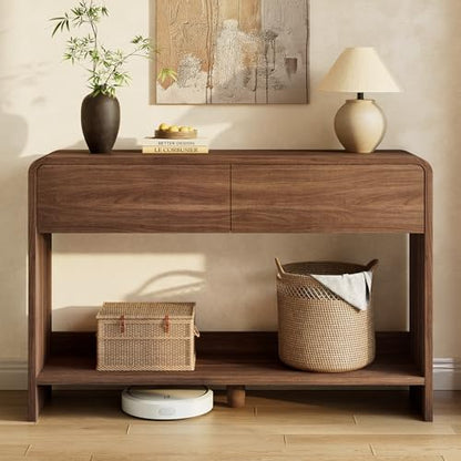 AMERLIFE 45" Modern Entryway Console Table with 2 Storage Drawers | Open Bottom Shelf, Wood Grain Finish, Rounded Edges, Long Sofa Table, Behind Couch, Hallway, Foyer, Living Room, Brown - color: Brown - Flat Panel, size: 45"