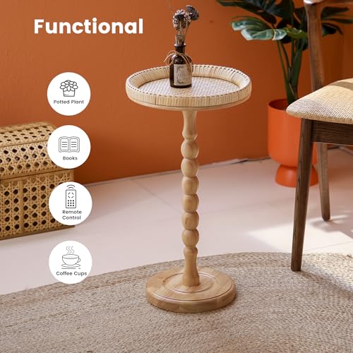 Drink Table，Rattan Round Small Side Table for Small Spaces, Boho Circle End Table Coffee Table with Solid Wood Leg for Living Room, Pedestal Table for Bedroom, Corners - size: High: 21.4", style: Bohemian