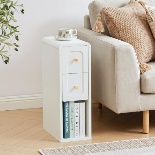 Narrow Nightstand with 2 Drawers, Small Bedside Tables, Mid-Century Modern Slim Night Stand with Storage, Wooden End Table for Small Spaces, Bedroom, Living Room - color: White-1pcs, size: 2 Drawers