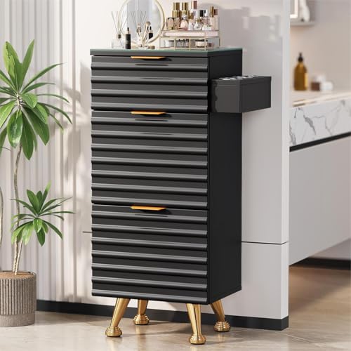 Professional Salon Station with Tempered Glass Top, 3 Drawers Hair Stylist & Barber Storage Cabinet with Heat Resistant Tool Holders, Beauty Spa & Home Organizer, Black - color: Black Gold