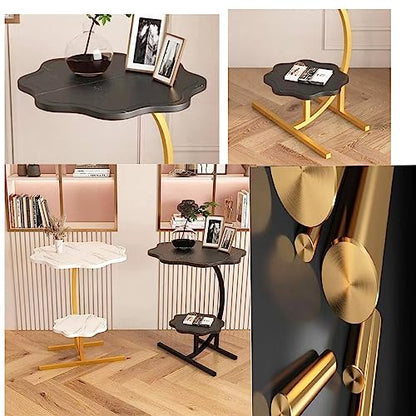2 Layers Flower Shape Marble Texture Small C-Shaped Side Table,Snack SideTable, End Table for Sofa Side Table,Bedside Table for Living Room Kitchen Garden Bedroom - color: Black+gold