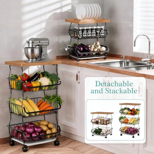 VECELO 4-Tier Fruit Basket with Wheels, Fruit and Vegetable Storage Cart for Kithchen, Stackable Produce Organizer Wire Baskets for Kitchen, Pantry, Living Room - size: 4 Tiers
