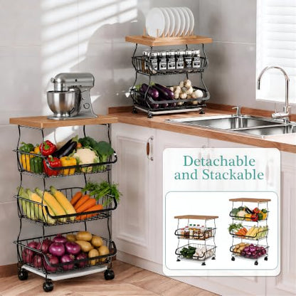 VECELO 4-Tier Fruit Basket with Wheels, Fruit and Vegetable Storage Cart for Kithchen, Stackable Produce Organizer Wire Baskets for Kitchen, Pantry, Living Room - size: 4 Tiers