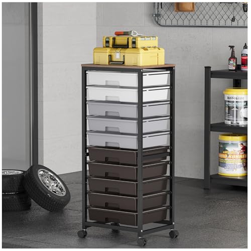 SYKIARIOL Rolling Cart with Drawers,10 Drawer Rolling Cart,Storage Cart,Utility Cart,Teacher Cart for Classroom Storage,Craft Cart with Wheels and Wooden Tabletop,Grey - color: Grey