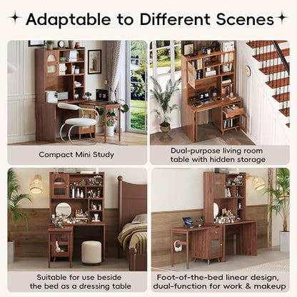 Wooden Computer Gaming Desk with 90 Degree Rotating Desktop, Study Writing Desk with Open Shelves, Storage Drawer and Cabinets, Work Desk for Home Office Bedroom Living Room (Walnut-03) - color: Walnut-03