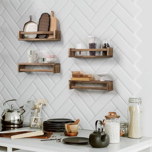 Nursery Room Shelves Set of 4, Wood Floating Book Shelves for Kids Room, Baby Book Shelf for Nursery, Kitchen Spice Rack (Carbonized) - color: Carbonized